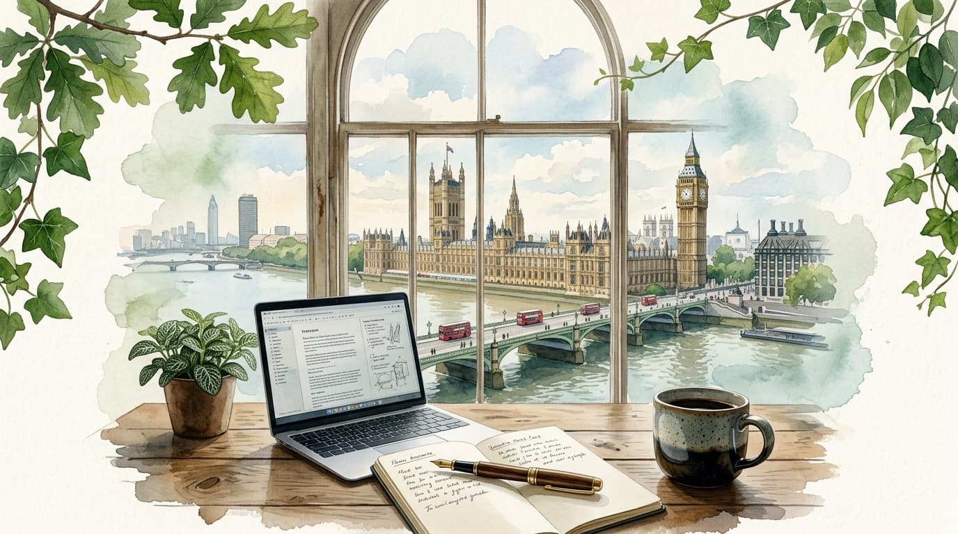 London study window overlooking Westminster