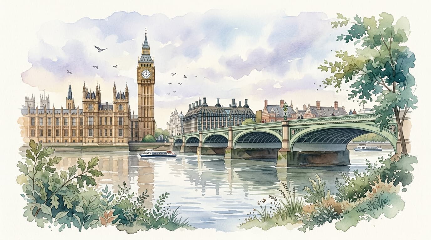 Westminster Bridge and Parliament architectural watercolor wash